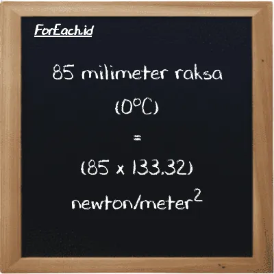 Cara konversi milimeter raksa (0<sup>o</sup>C) ke newton/meter<sup>2</sup> (mmHg ke N/m<sup>2</sup>): 85 milimeter raksa (0<sup>o</sup>C) (mmHg) setara dengan 85 dikalikan dengan 133.32 newton/meter<sup>2</sup> (N/m<sup>2</sup>)